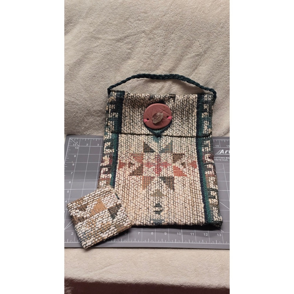 Handwoven Tapestry Star Shoulder Bag with Clay Button and Matching Pouch Boho